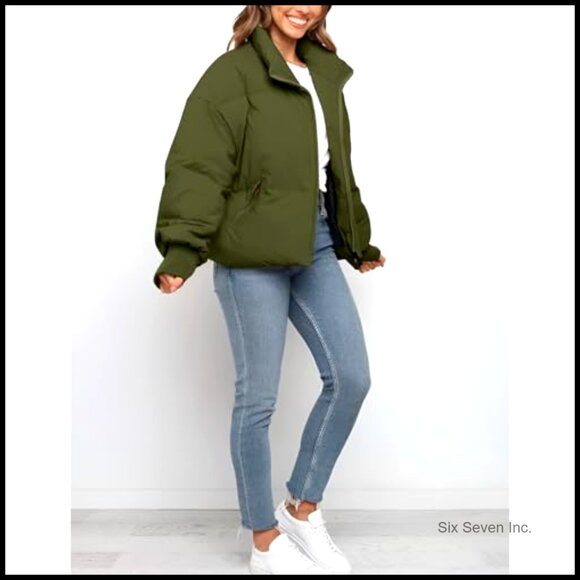 Cropped Puffer Jacket Quilted Lightweight Oversized Winter Outerwear with - Picture 3 of 7